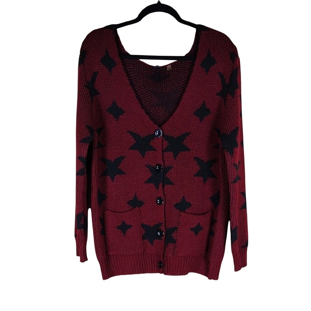 Dex Cardigan Women’s Large Red Black Star Knit Button Down Fall Casual Cozy